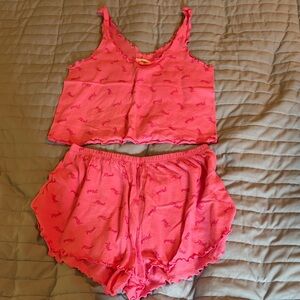 PINK Victoria's Secret Hot Pink Cropped Tank & Ruffle Shorts Sleep Set